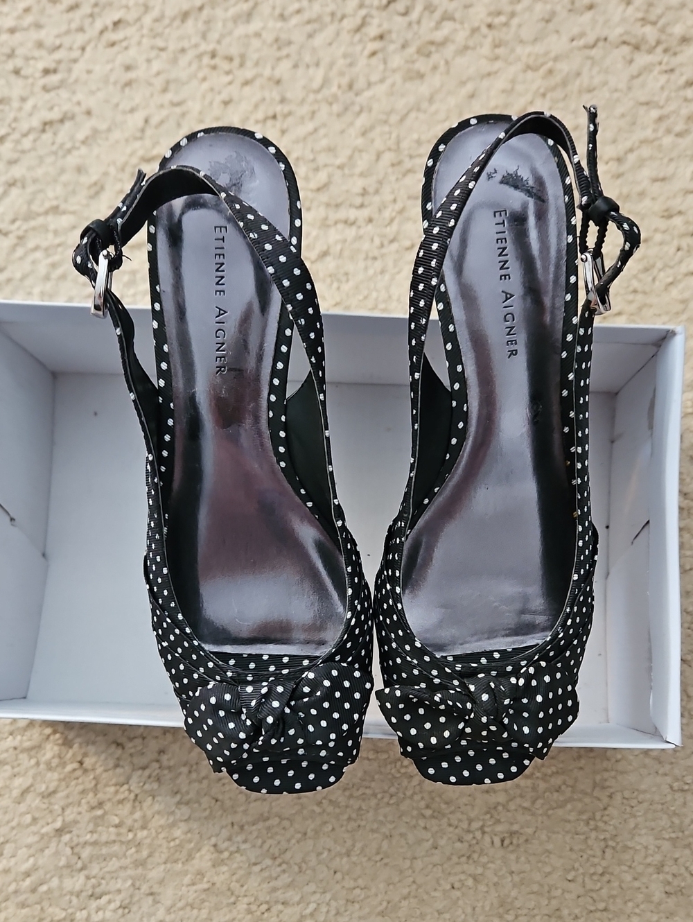 Etienne Aigner Black and White Polka Dot Slingback Heels